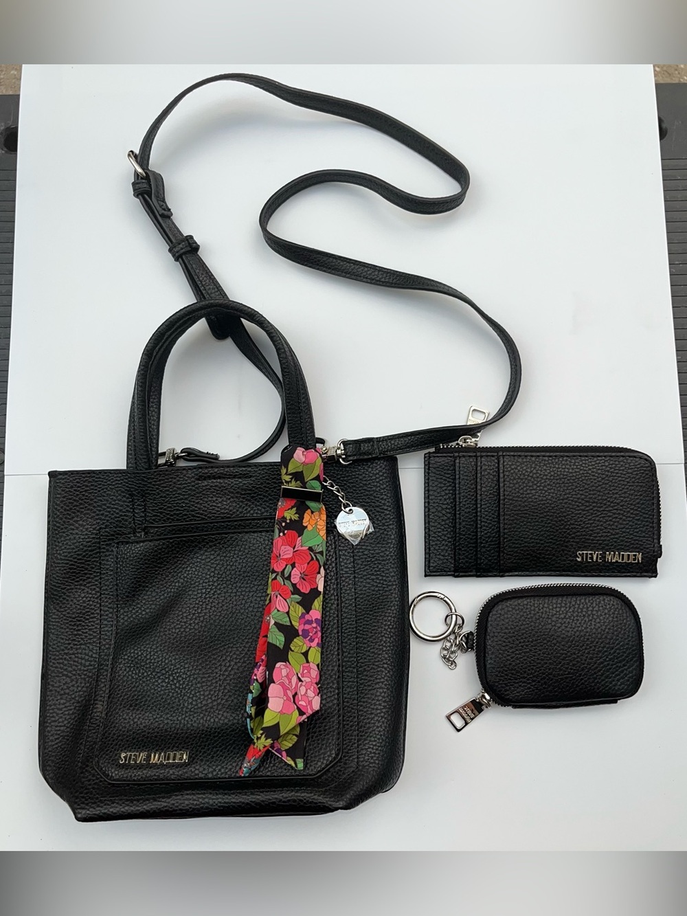 Steve Madden Black Leather Crossbody Tote with Floral Charm Scarf